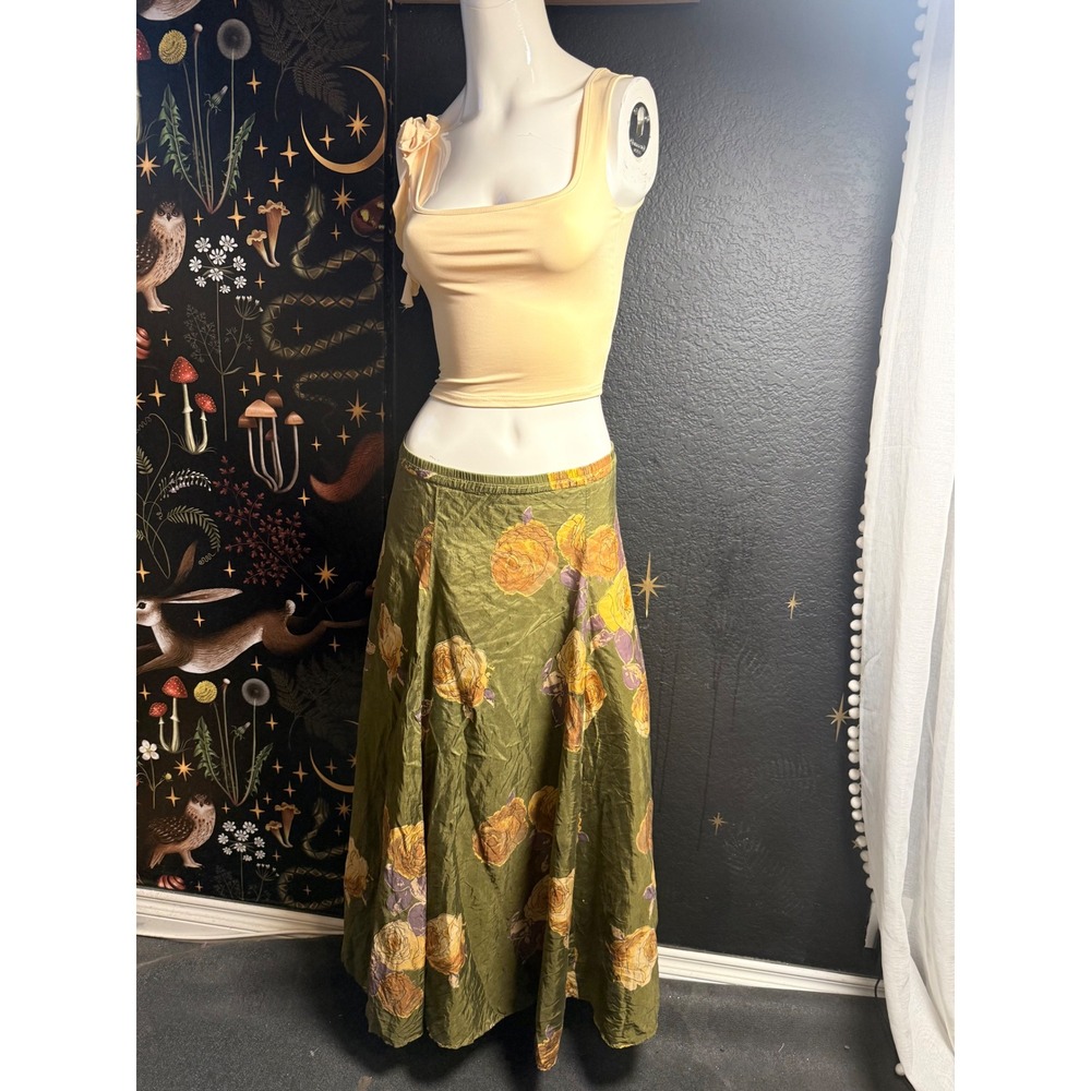 Uniform John Paul Richard Maxi Skirt Olive Green Floral Rose Print Flaw